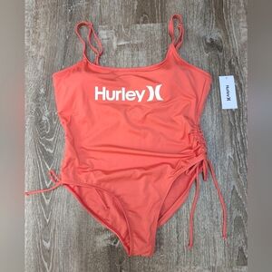 NWT Hurley Coral Pink One Piece Swimsuit Ruched Side Bow Ties Low Back Size 2X